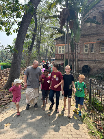 Students walking on campus path